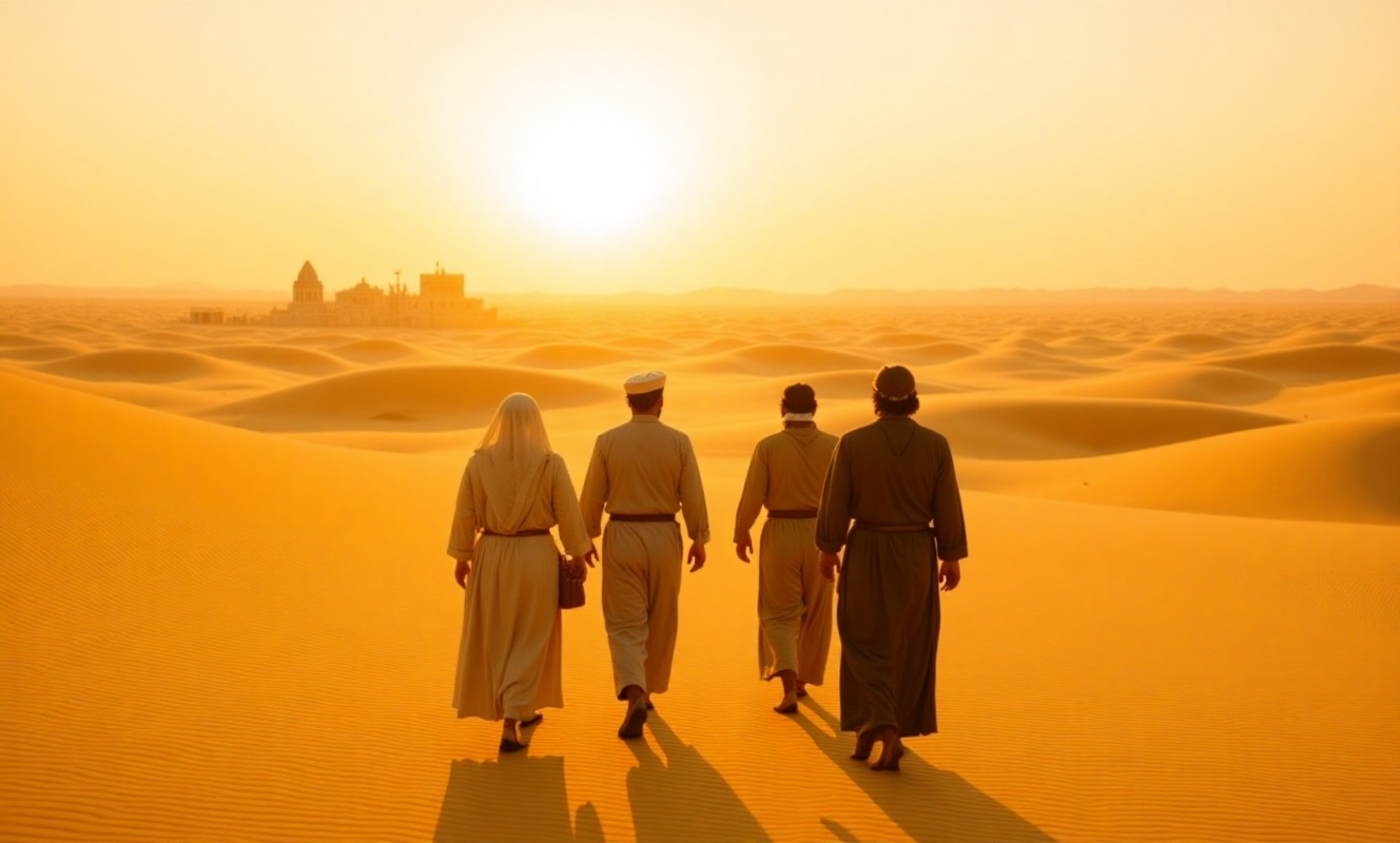 Four figures walking across golden desert dunes toward a distant city at sunrise, representing Abram's journey of faith into the unknown land God promised.